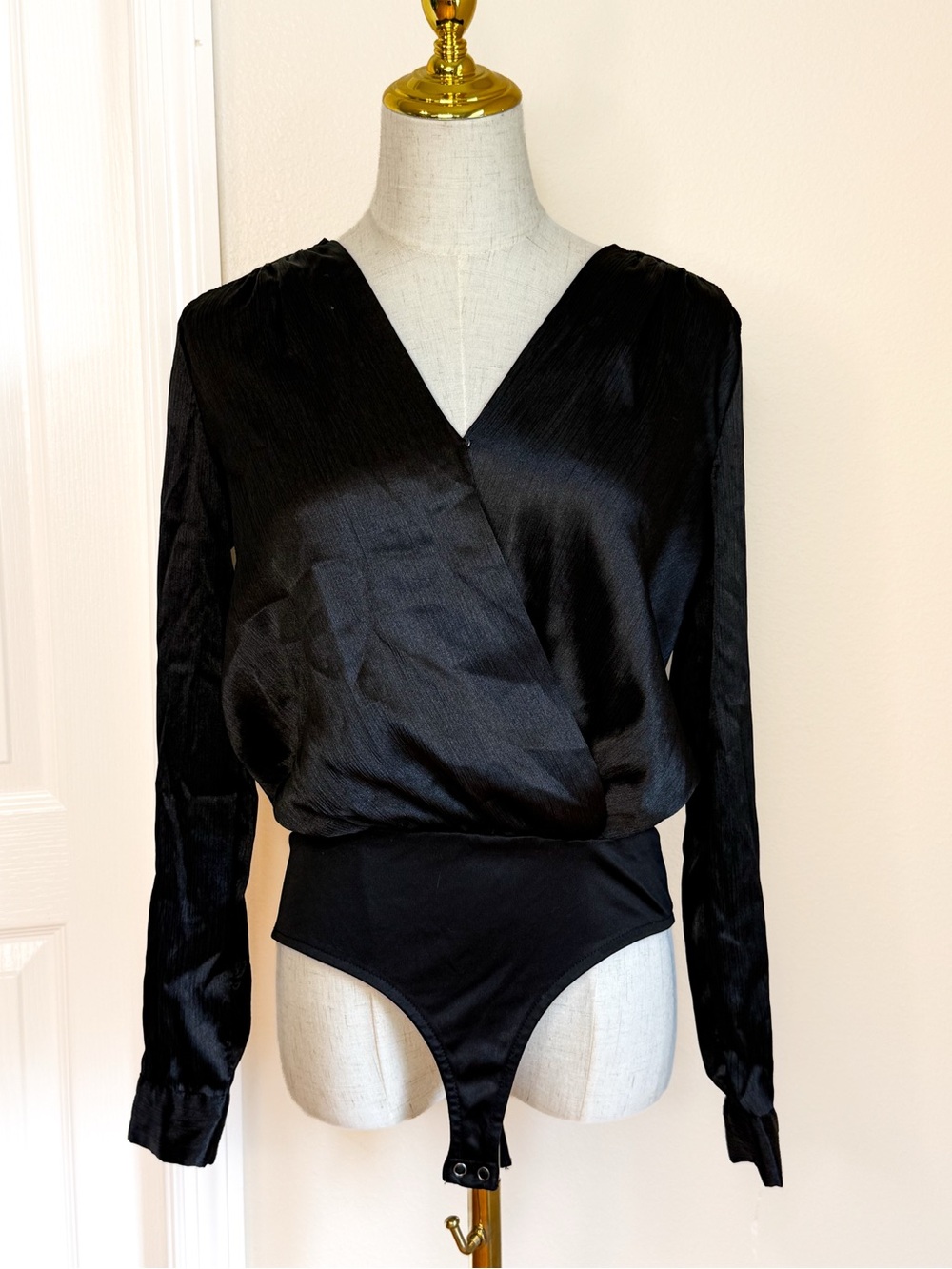 H&M Black Satin Wrap Long Sleeve Bodysuit Size S NWOT